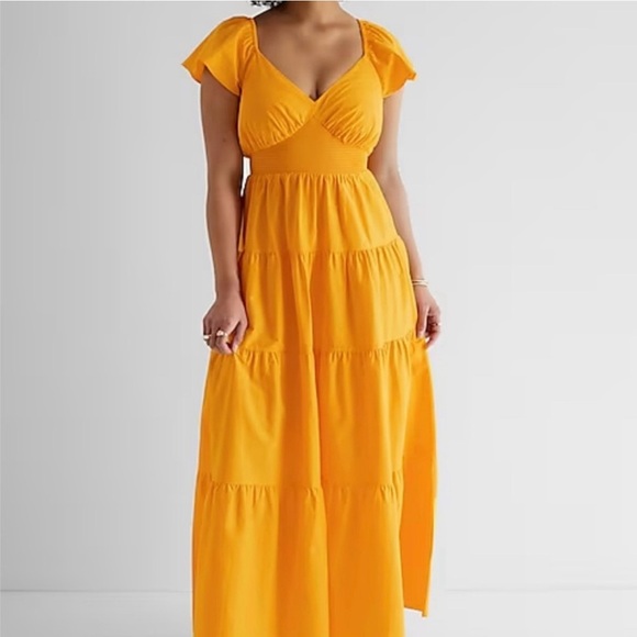 Express V-Neck Flutter Sleeve Tiered Poplin Maxi Dress - Picture 2 of 3